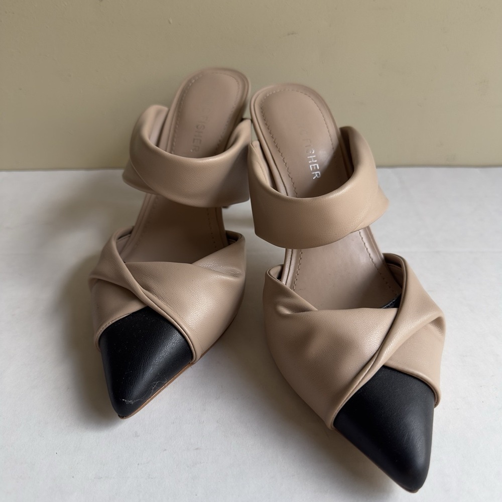 Marc Fisher Beige Black Pointed Toe Twisted Mules Flared Heel Pumps Size 6.5M